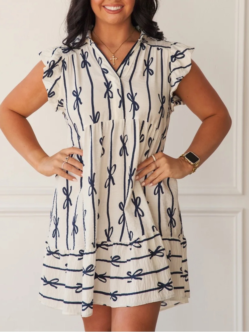 Umgee White Tunic Dress with Navy Bow Stripe Print